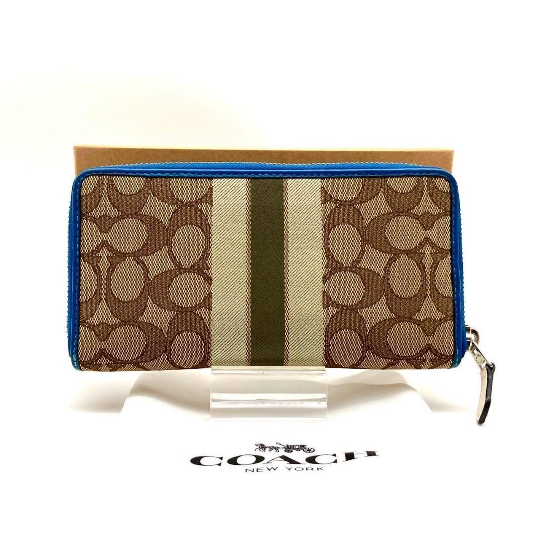 コーチ 長財布 シグネチャー レザー ブルー ベージュ カーキ ロゴ 70821