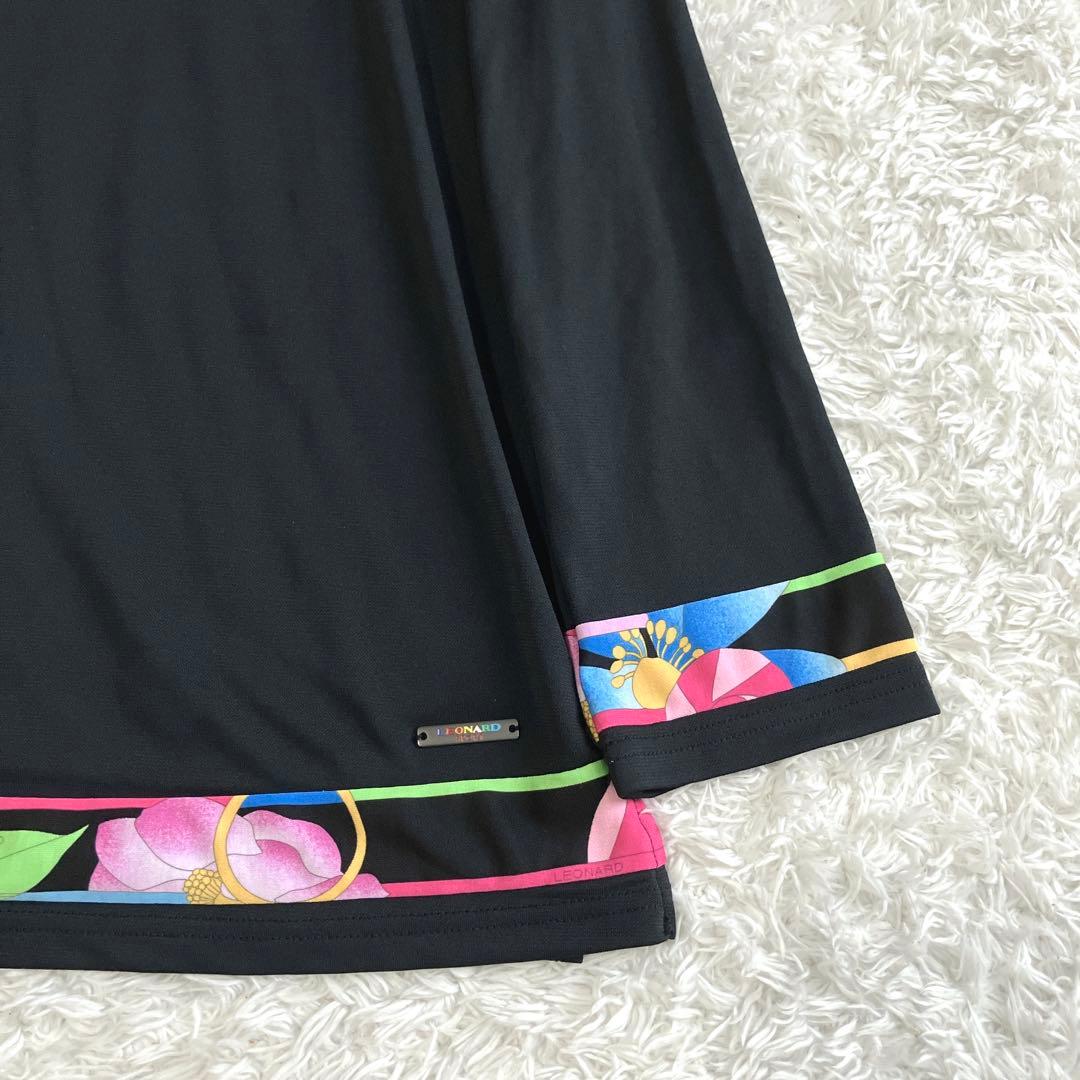 美品✨レオナール カットソー トップス トリム 花 ロゴプレート 黒 38