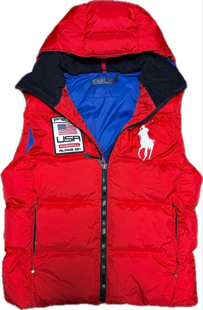 【美品】ラルフローレン ビッグポニーダウンベスト USAパッチ付 フード着脱可