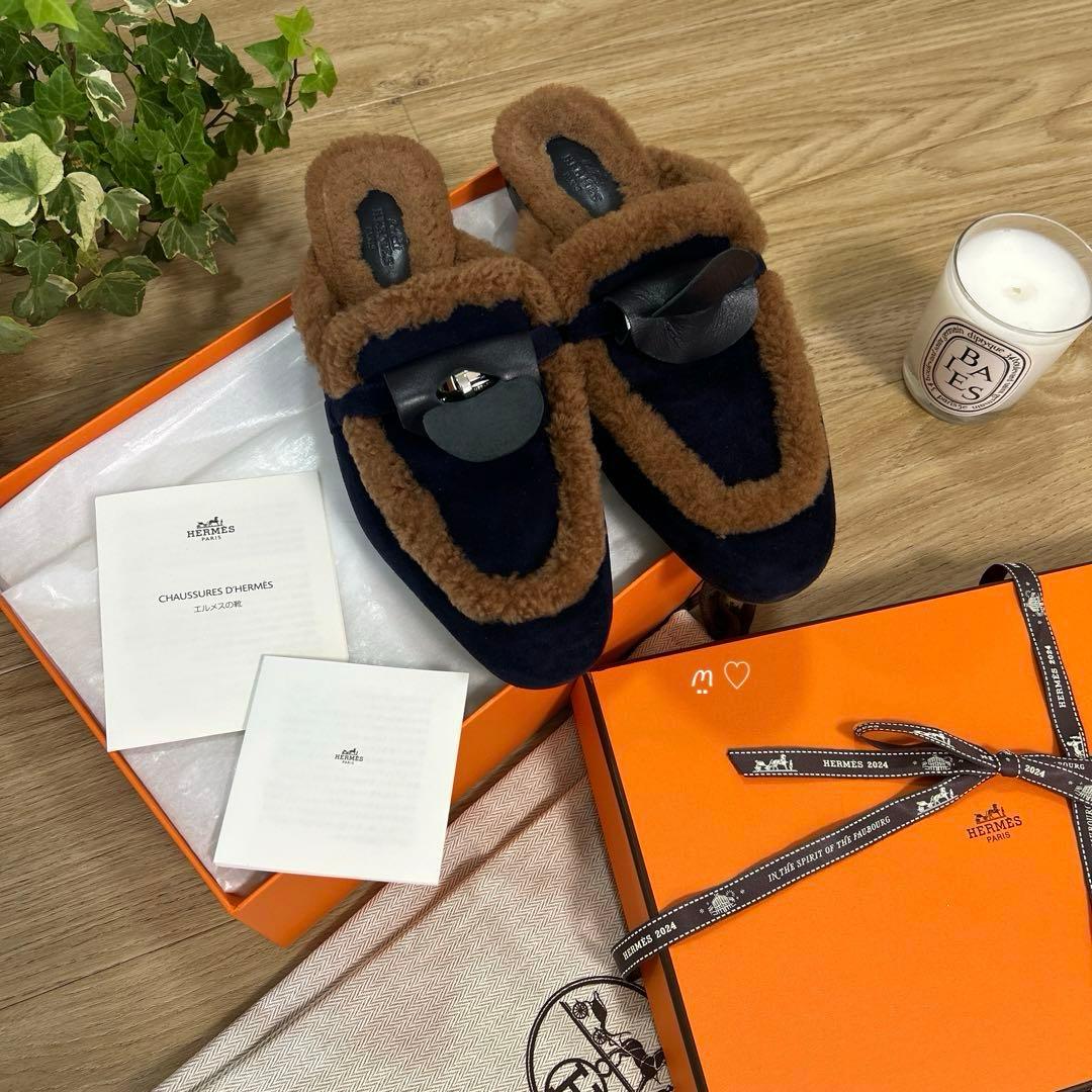 HERMES　エルメス　ミュール　オズ　38　ケリーバックル　ボア　今季シューズ