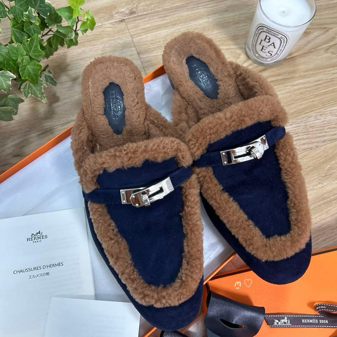 HERMES　エルメス　ミュール　オズ　38　ケリーバックル　ボア　今季シューズ