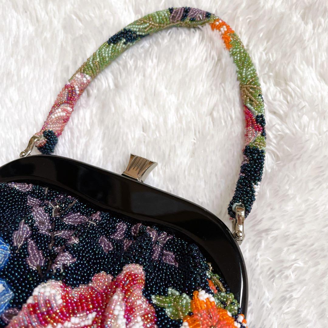 【美品】ビーズバッグ　手刺繍　総柄　花柄　総ビーズバッグ　和装　がま口 手鏡付き