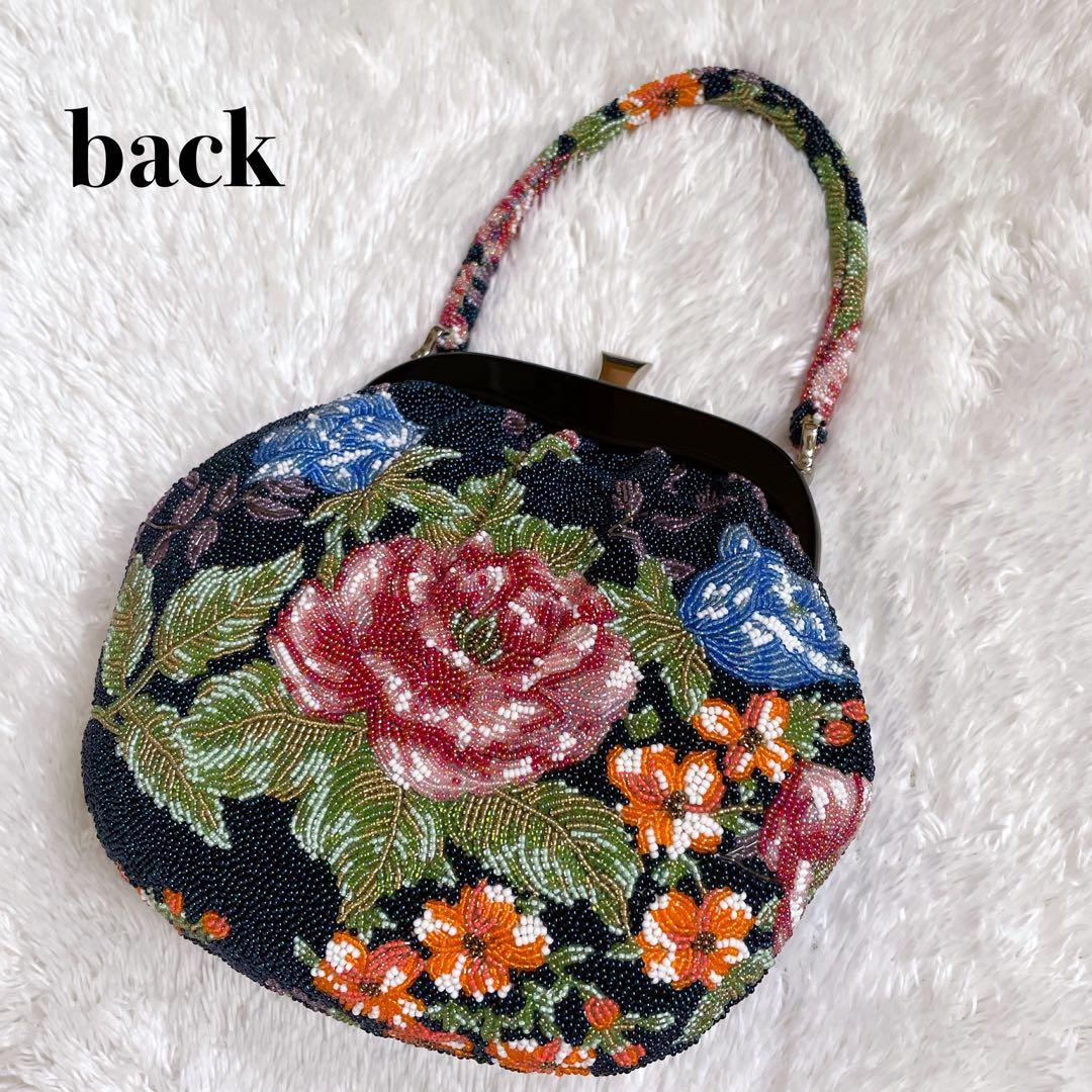 【美品】ビーズバッグ　手刺繍　総柄　花柄　総ビーズバッグ　和装　がま口 手鏡付き