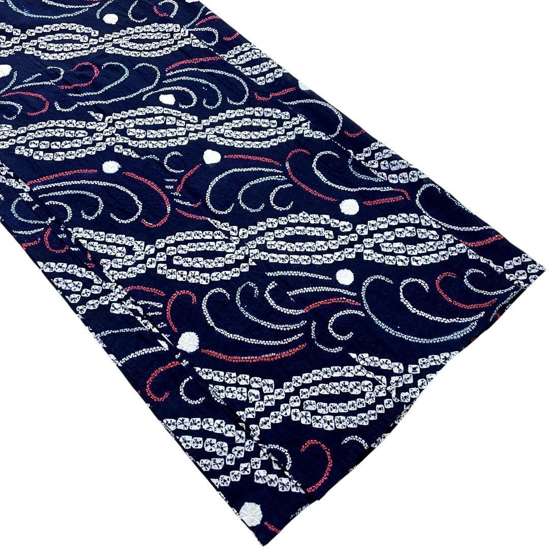 有松鳴海絞り 夏着物 浴衣 綿 斜め縞 濃紺 手縫い仕立て A-2314