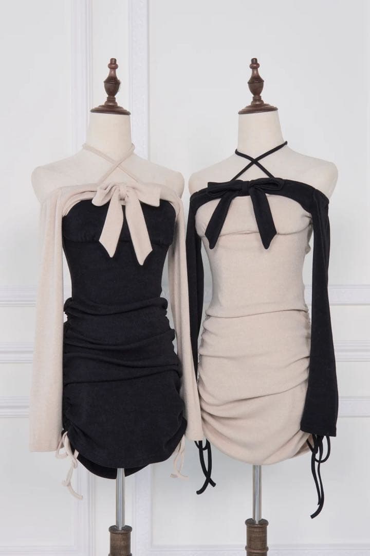 Bunnylis リボン付きどローストリングニットワンピ ベージュ