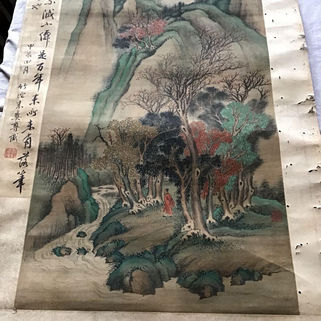 中国美術　骨董　掛軸「文伯仁」画　観瀑図　設色絹本