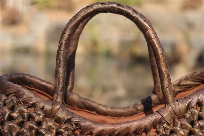 山胡桃木 クルミ 六角花結び編み 山葡萄 籠 かご バッグ コンパクト 巾着