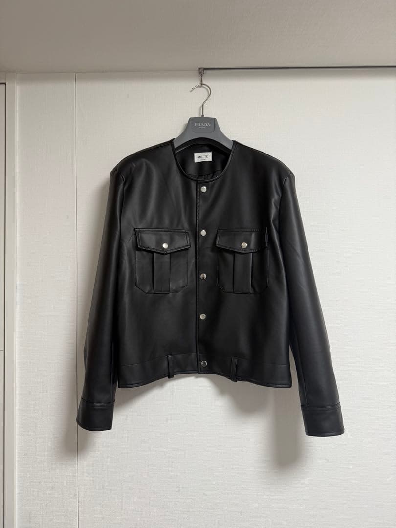 ブラック ノーカラーレザージャケット 韓国ファッション MUSINSA