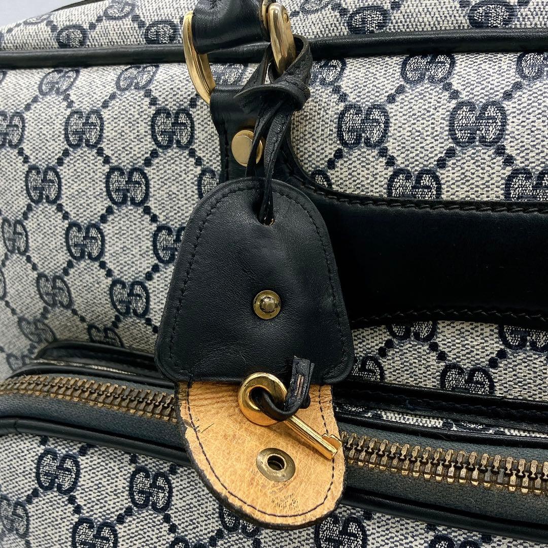 【GUCCI】ボストンバッグ　GGスプリーム　ゴールド金具　PVC ネイビー
