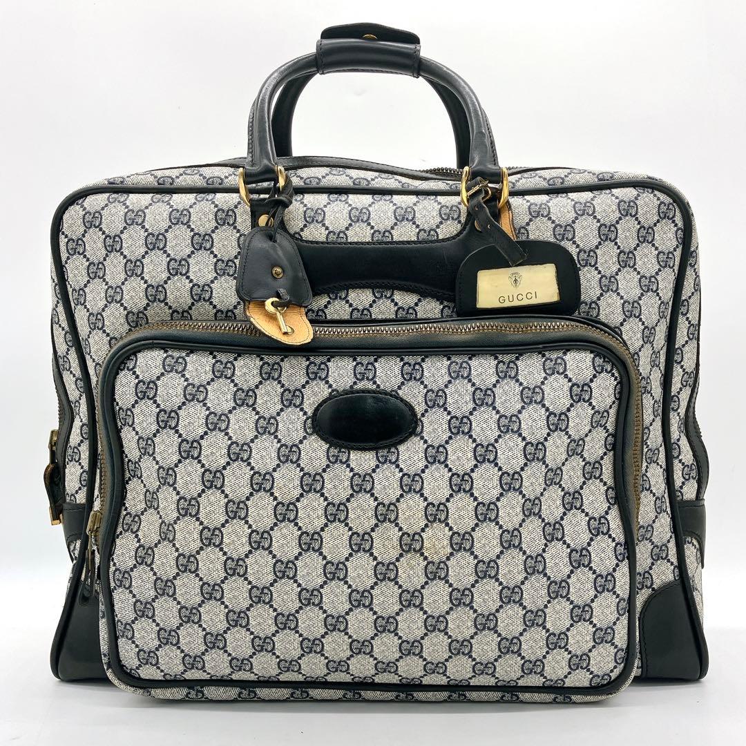 【GUCCI】ボストンバッグ　GGスプリーム　ゴールド金具　PVC ネイビー