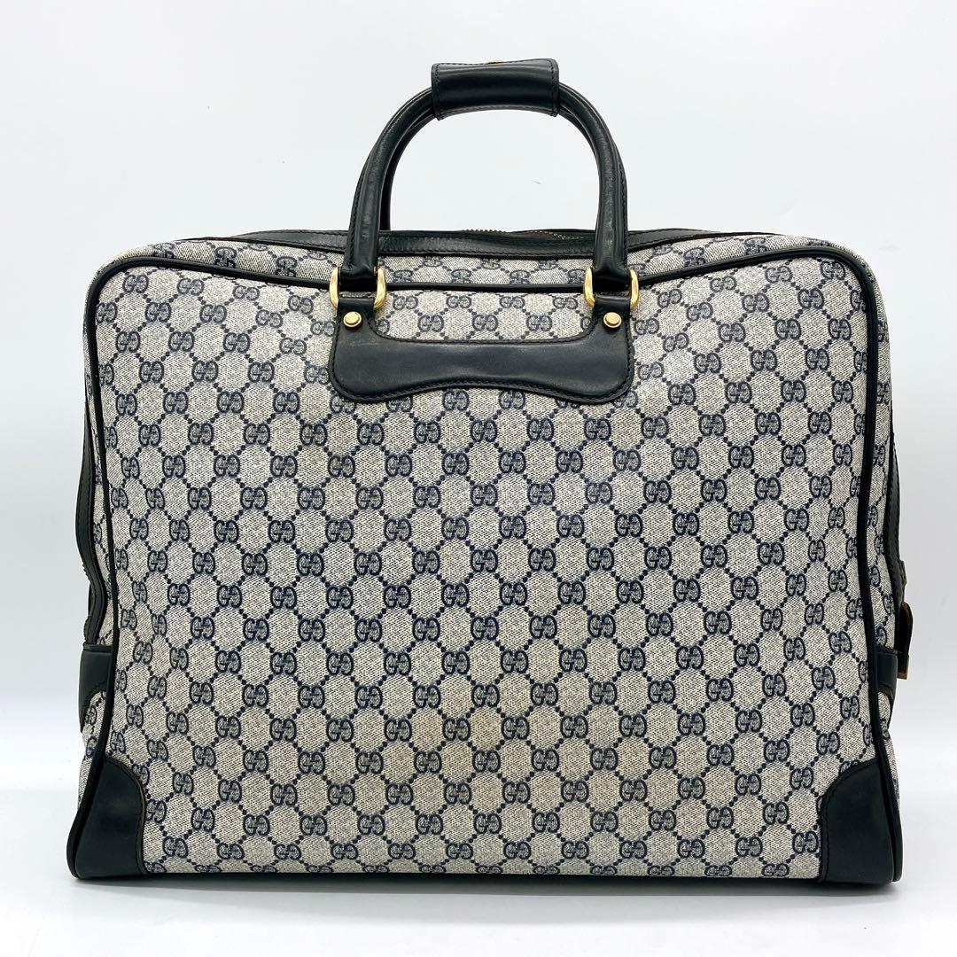【GUCCI】ボストンバッグ　GGスプリーム　ゴールド金具　PVC ネイビー