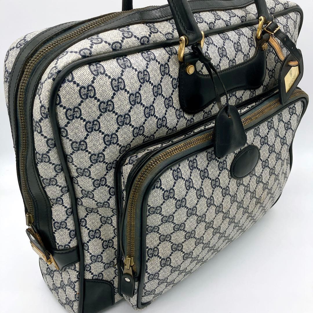 【GUCCI】ボストンバッグ　GGスプリーム　ゴールド金具　PVC ネイビー