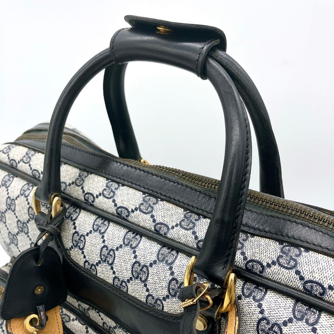 【GUCCI】ボストンバッグ　GGスプリーム　ゴールド金具　PVC ネイビー