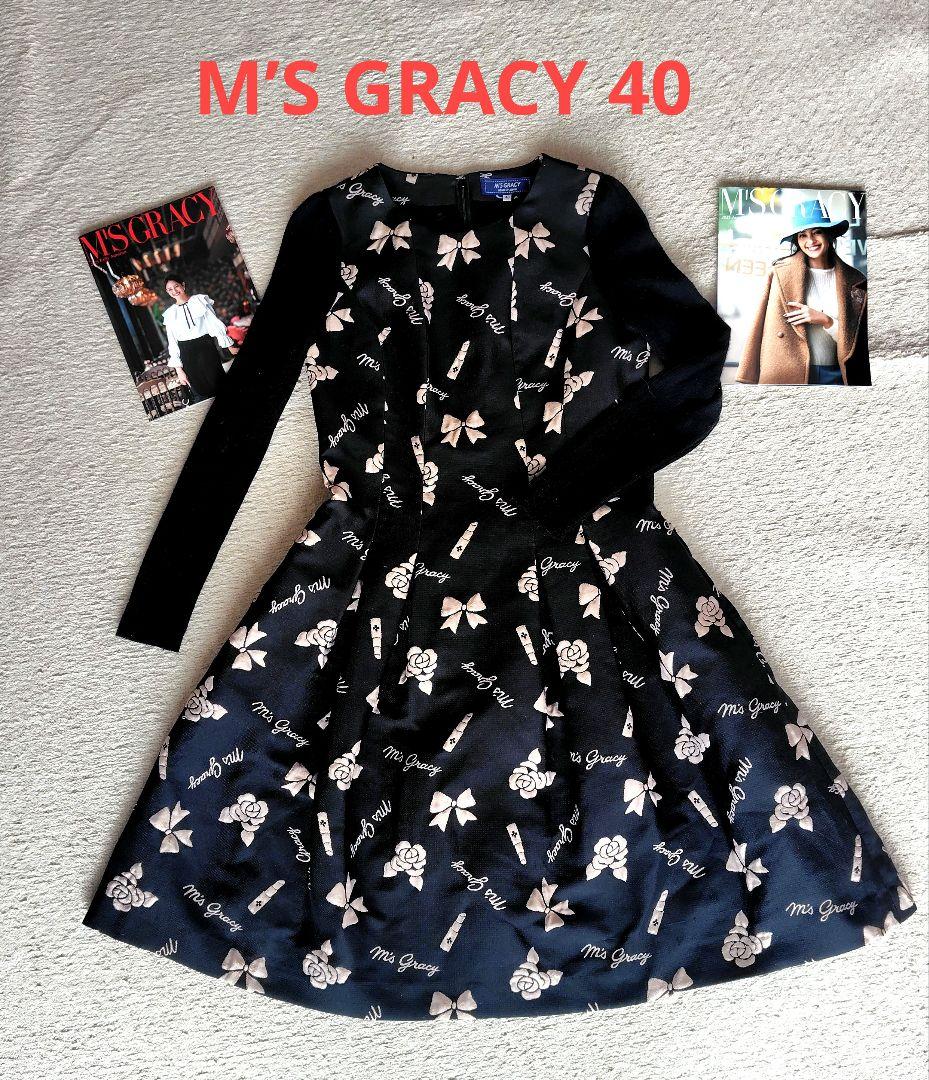 エムズグレイシー 花柄、リボン、リップ、ロゴ入り長袖ワンピース 40