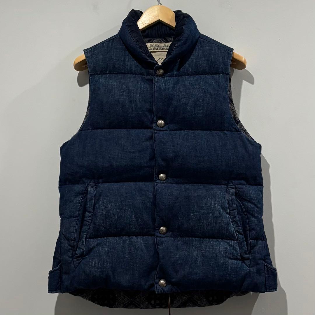 美品 濃紺 レミレリーフ 裏バンダナ デニム コンチョ ダウン ベスト L 切替