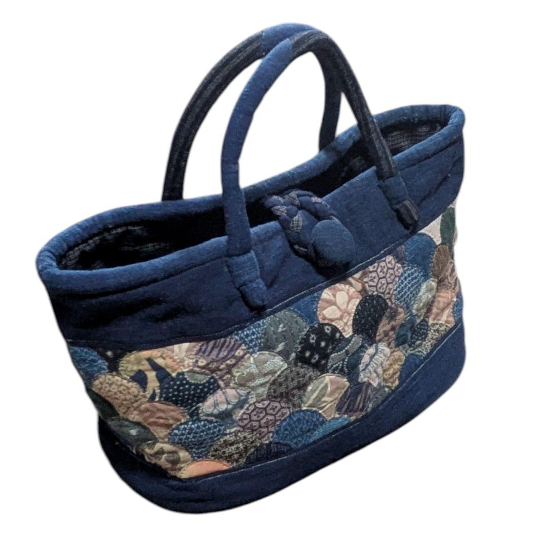 ハンドメイド 古布 パッチワーク トートバッグ 藍染 刺し子 クラムシェル