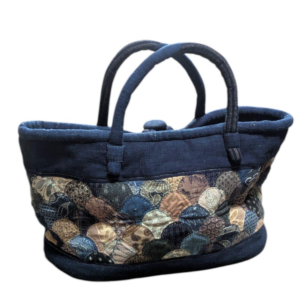 ハンドメイド 古布 パッチワーク トートバッグ 藍染 刺し子 クラムシェル