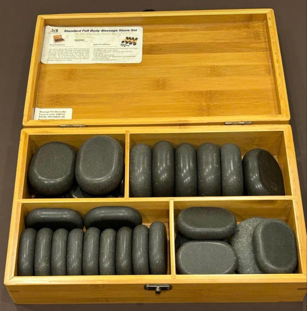 【中古品】ホットストーンウォーマー器＆ホットストーン36個(＋2個おまけ)セット