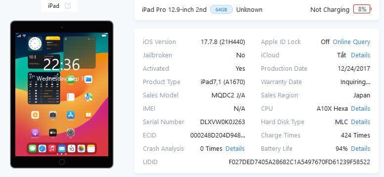 iPad Pro 第2世代 12.9inch Wi-fi 64G BT 94%