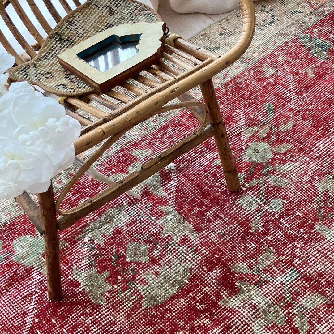 レア✳︎シャビーレッド　囲みコーラルオレンジ　フラワー　トルコヴィンテージラグ