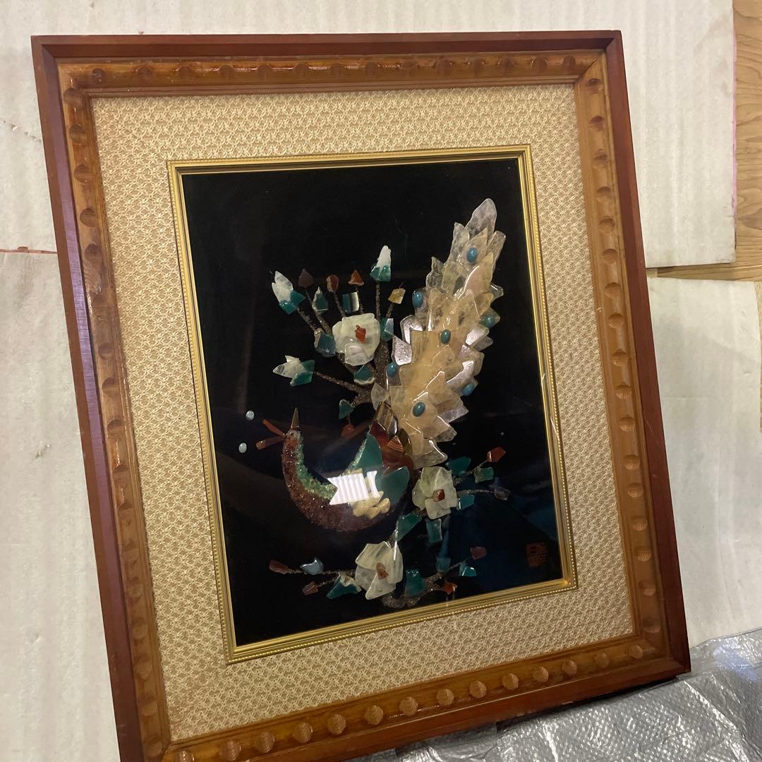 天然石 絵画 貴石 絵画アンテーク 美術工芸 孔雀 クジャク レトロ