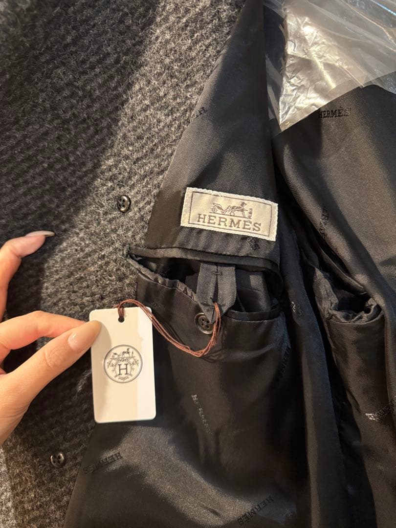 新品未使用タグ付 HERMESエルメス ウールコート 46 チャコールグレー