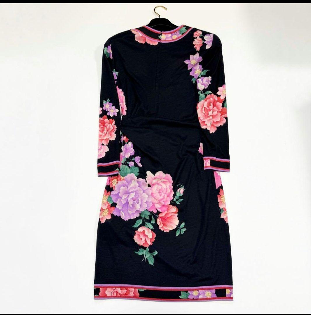 【美品✨】レオナール　ワンピース　花柄　ボタニカル　トリム　ウール　シルク　38