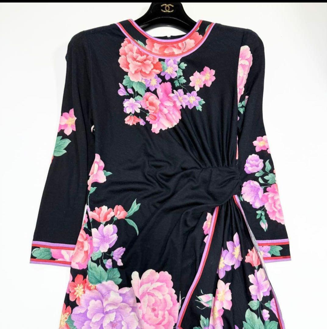 【美品✨】レオナール　ワンピース　花柄　ボタニカル　トリム　ウール　シルク　38