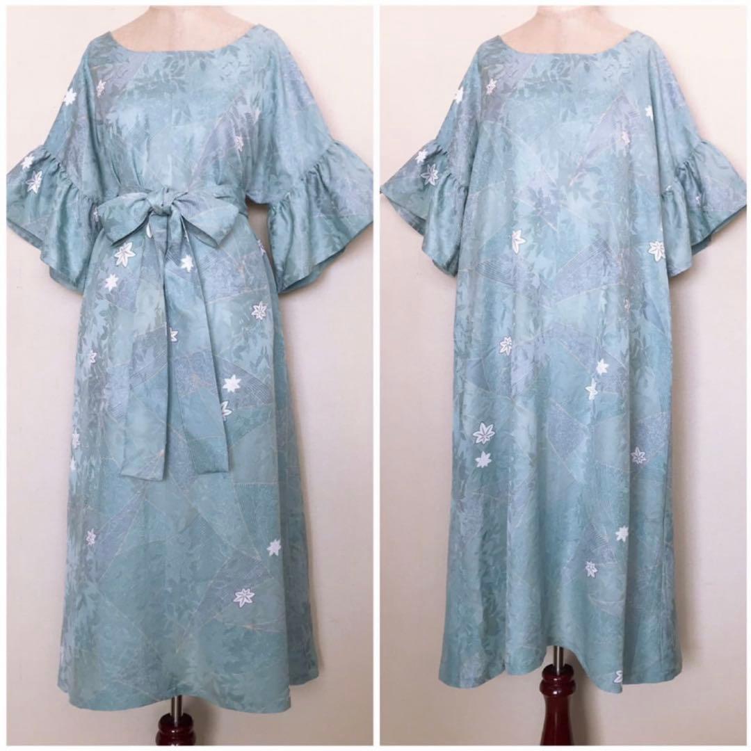 着物リメイクワンピース　水色　紅葉