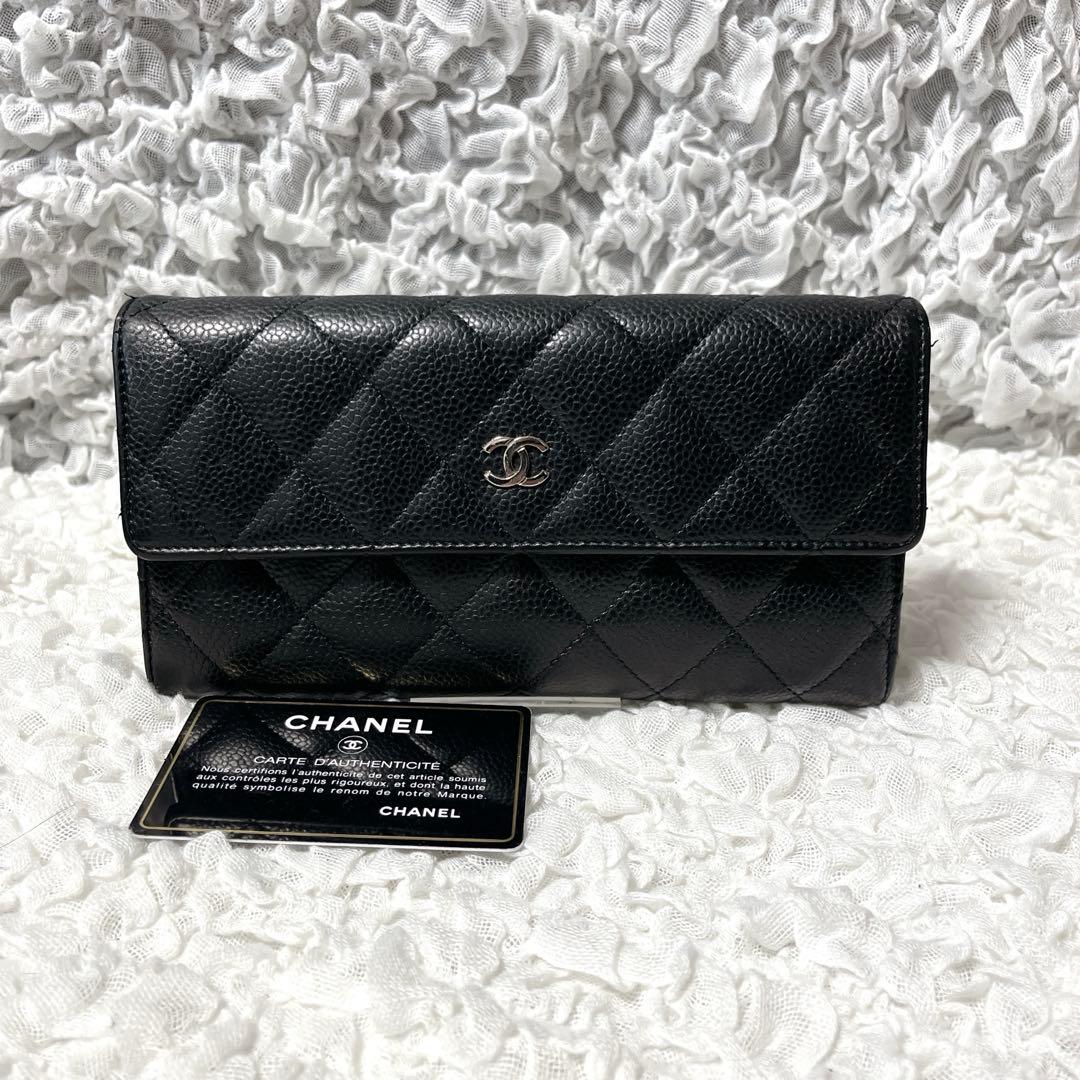 CHANEL キャビアスキン　マトラッセ　レザー 長財布 ギャランティカード