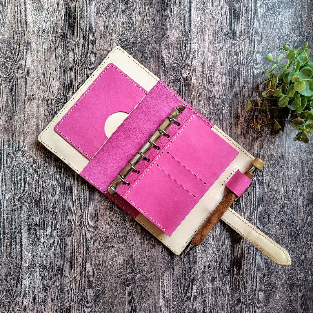 ハンドメイド 本革 システム手帳カバー ミニ6 M6 通帳ポーチ ミナペルホネン