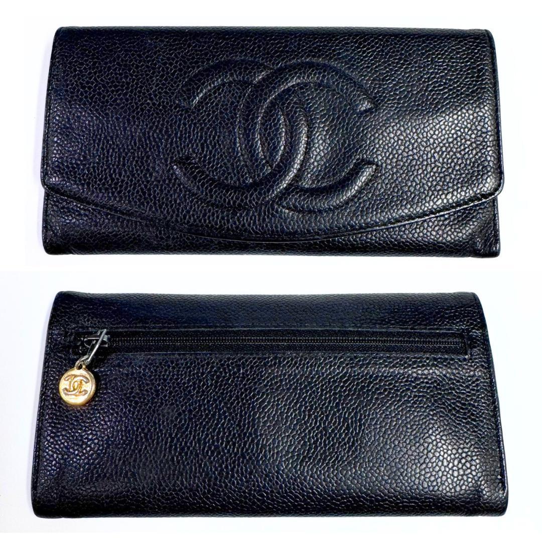 シャネル 二つ折り長財布 ココマーク ブラック キャビアスキン