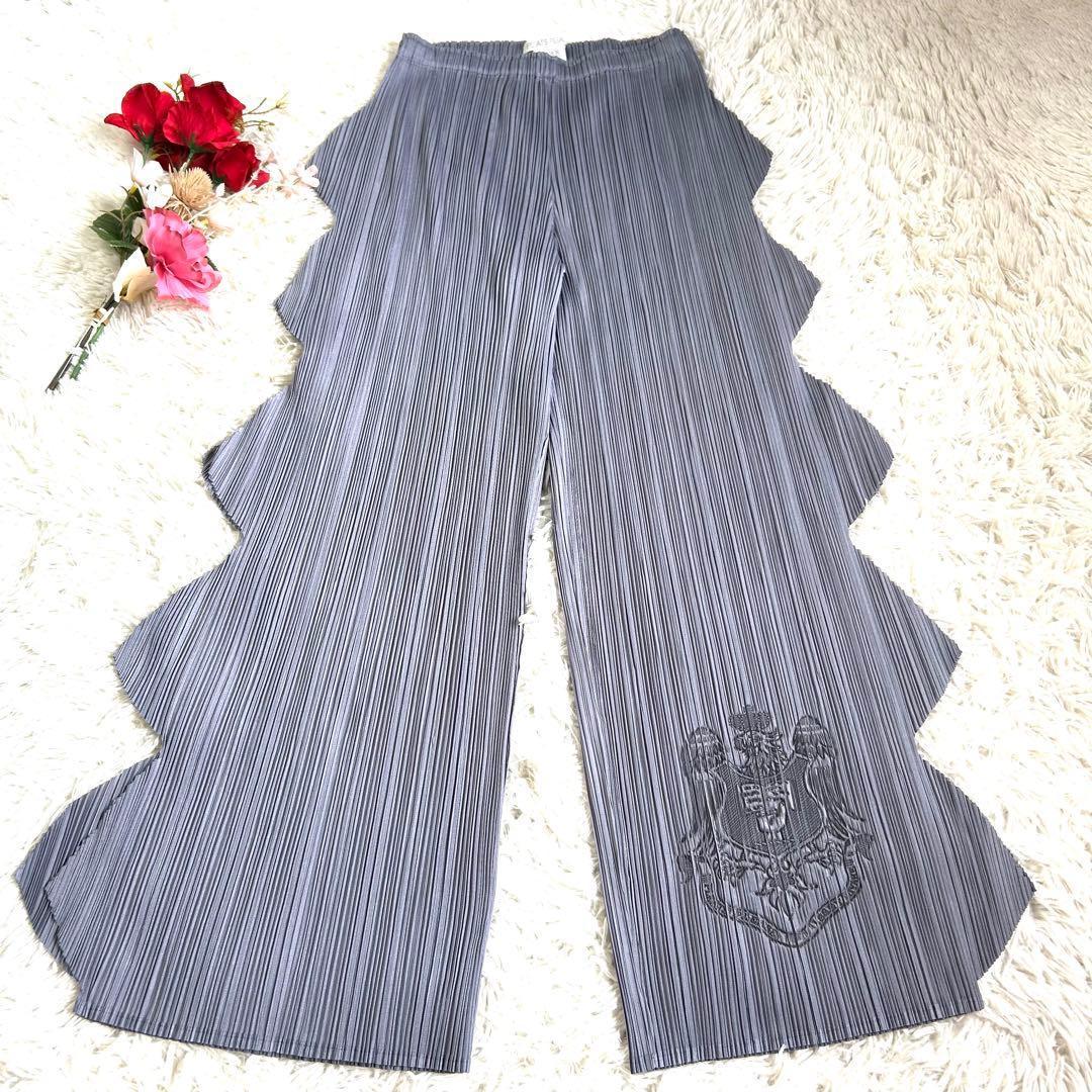 【美品】プリーツプリーズ 希少 変形 ギザギザ 型押し パンツ グレー 1