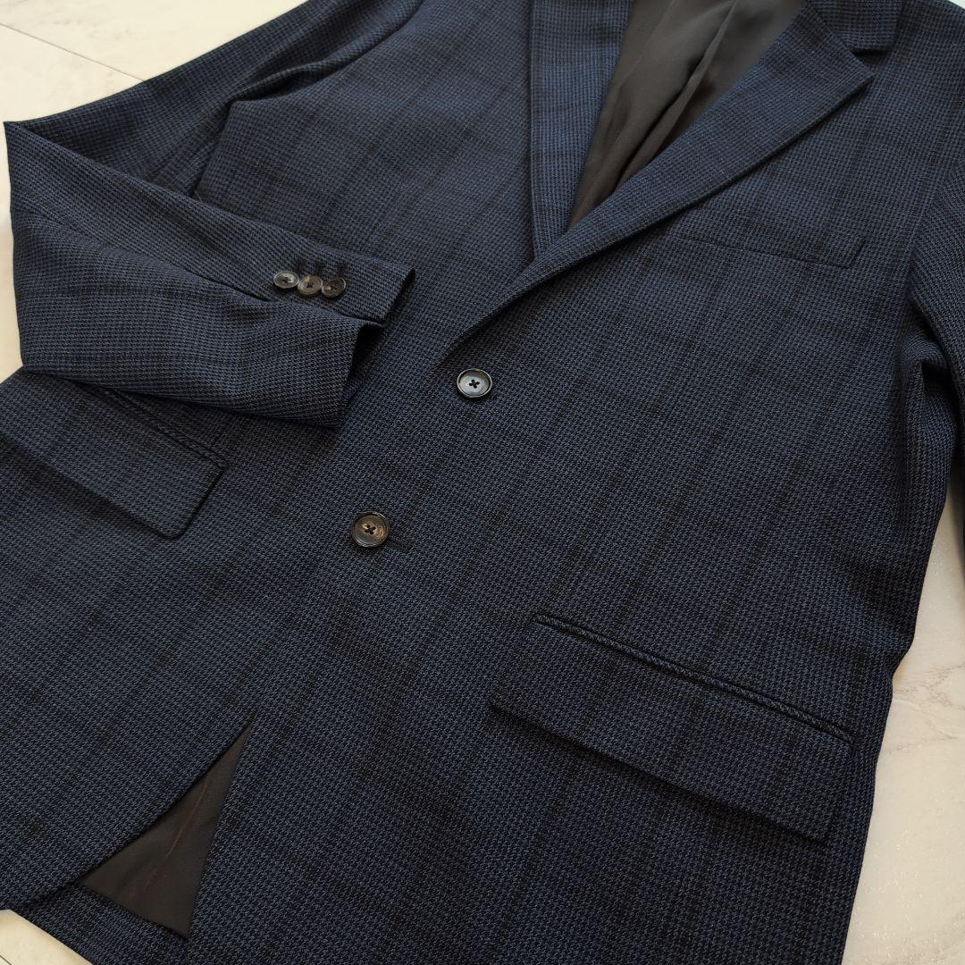 プラステ 洗える メンズスーツ セットアップ ネイビー チェック M