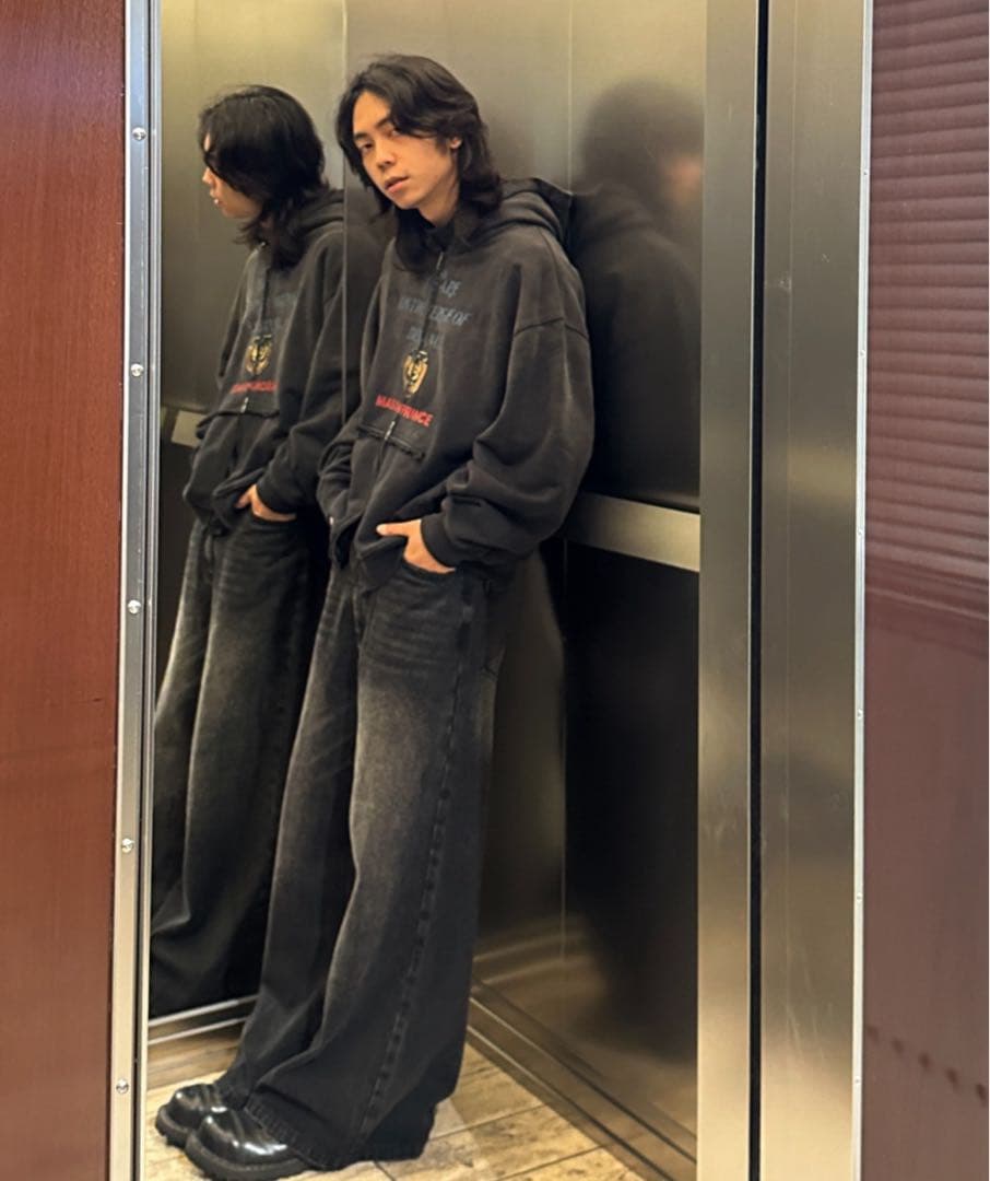 【MASON PRINCE】サイドベルト ワイドフレアデニムパンツ XS