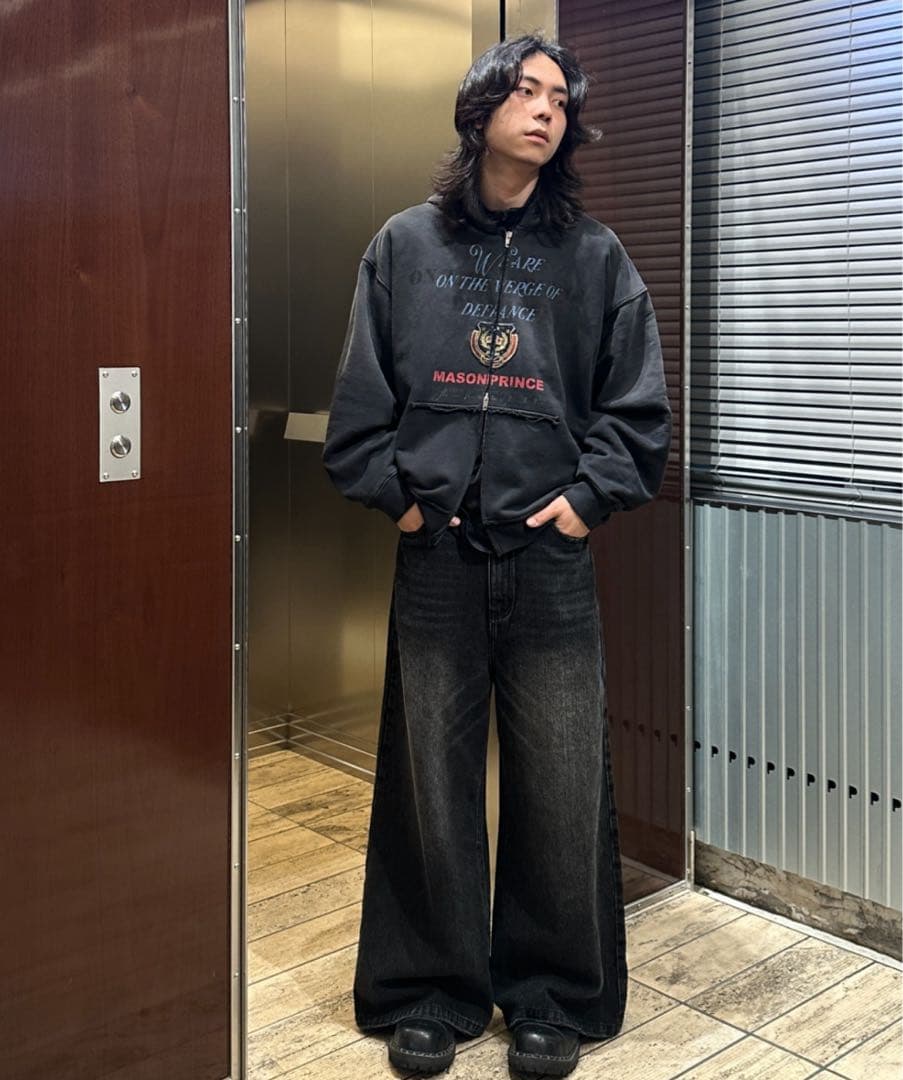 【MASON PRINCE】サイドベルト ワイドフレアデニムパンツ XS