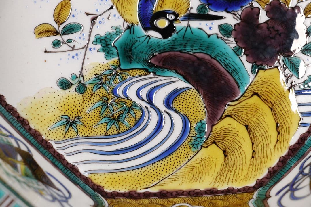 九谷焼 宮本忠夫「色絵九谷花鳥図・菓子鉢」共箱 八角鉢 陶芸 M977