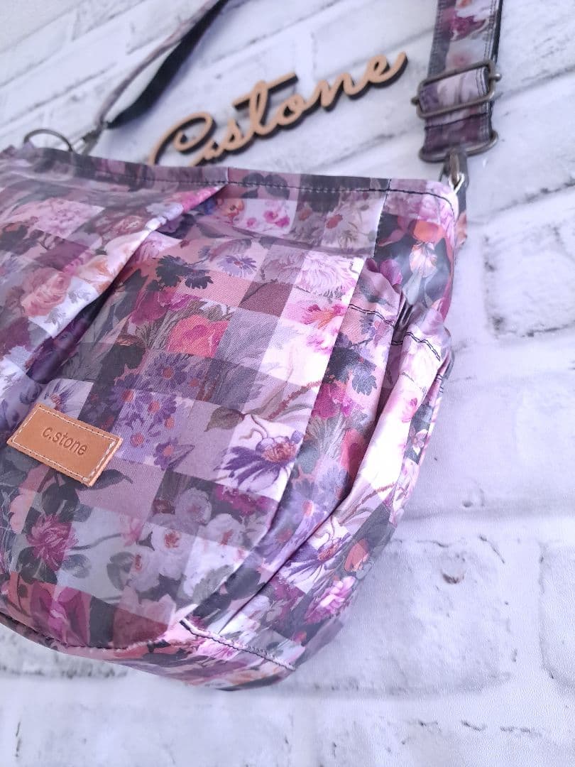 持ち手付　リバティ　ラミネート　アーカイブギンガム　パープル　横長ショルダー