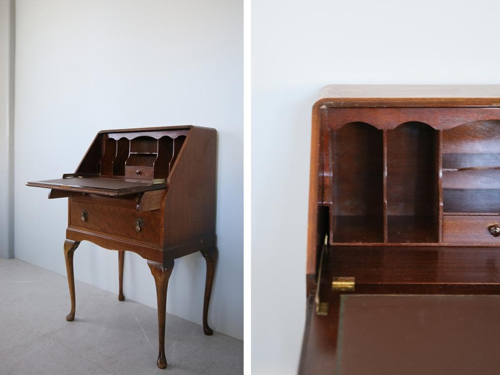 英国アンティーク猫脚ライティングビューロー/木製机/収納式デスク(89-310)