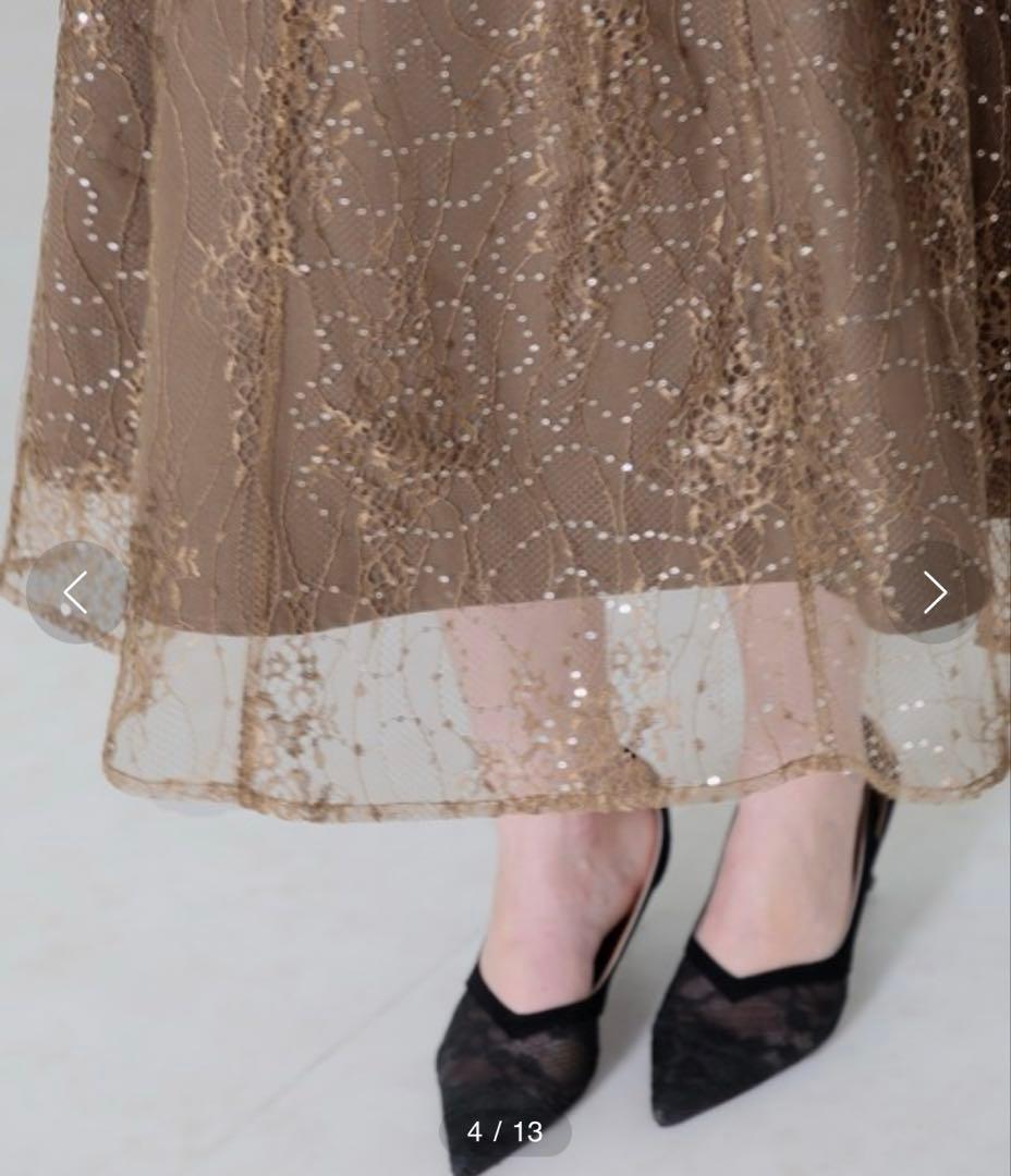 【LEJA】配色パイピングレーススパンコール刺繍パフスリーブフレアドレス