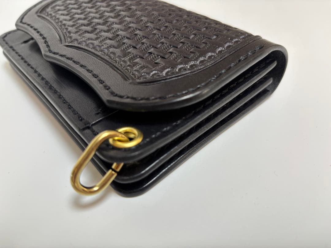 黒　栃木サドルレザー　トラッカーウォレット　三層　真鍮レザークラフト