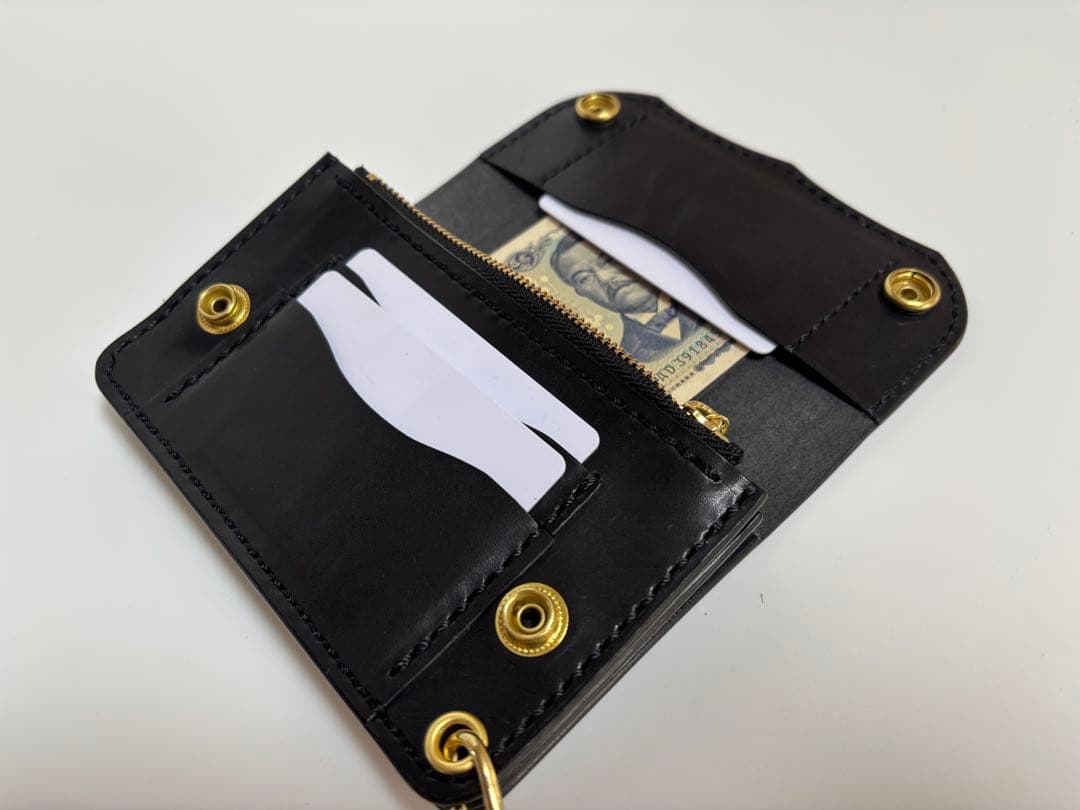 黒　栃木サドルレザー　トラッカーウォレット　三層　真鍮レザークラフト