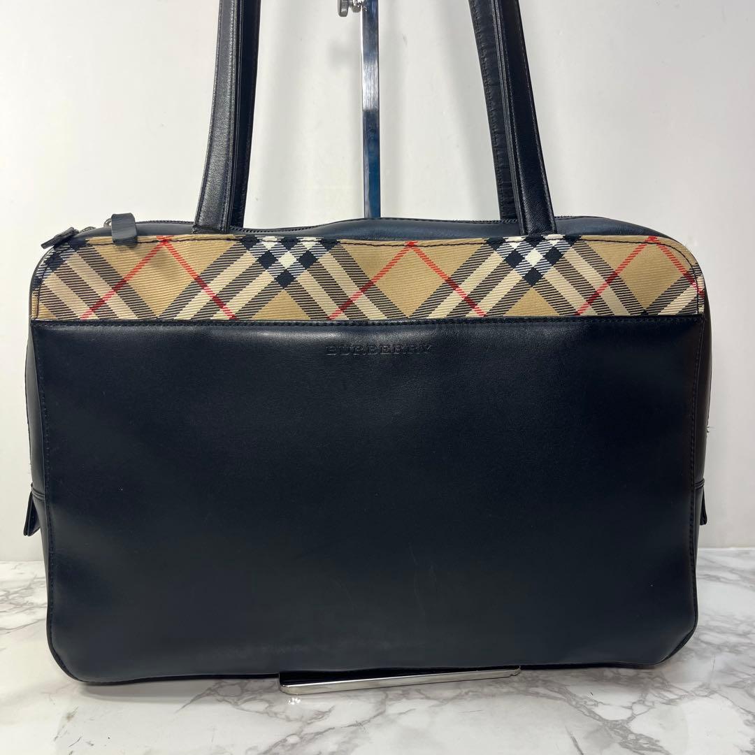 Y2K バーバリー ビジネスバッグ 牛革 黒 ノバチェック トートバッグ