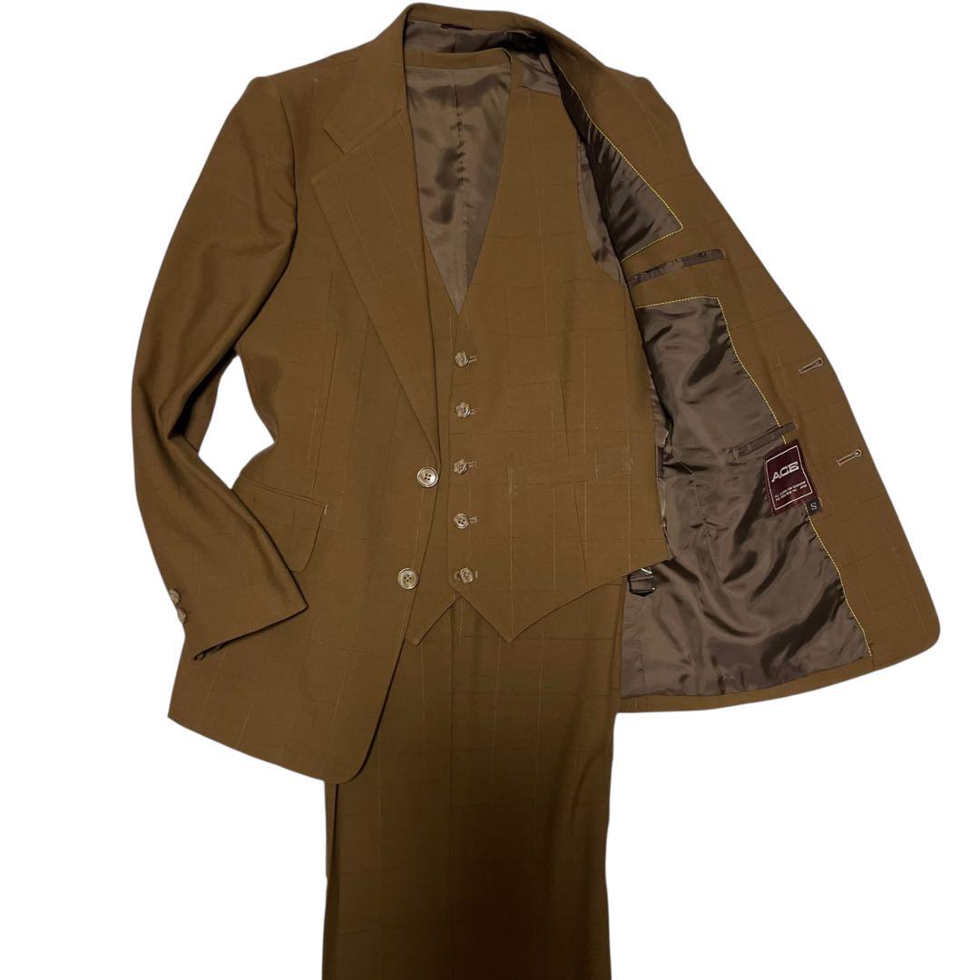 【ACE】スリーピース カジュアルスーツセットアップ チェック ベスト 茶 S