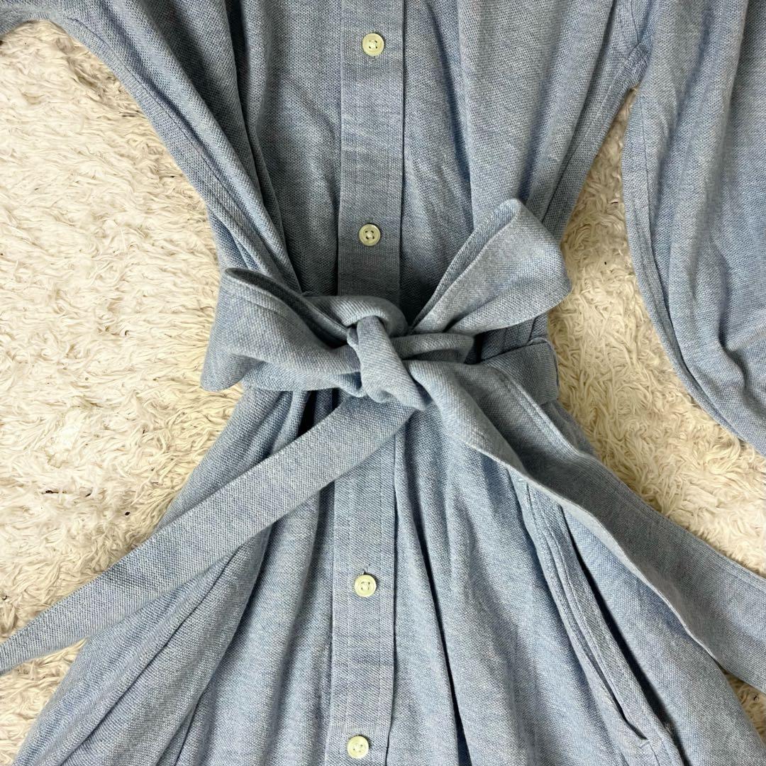 ラルフローレン ロング シャツワンピース 鹿の子 ベルト ポニー 水色 M