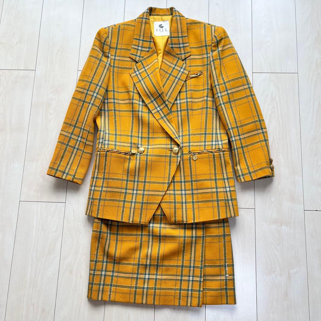 ELLE エル レトロ ヴィンテージ 金ボタン チェック スカートスーツ