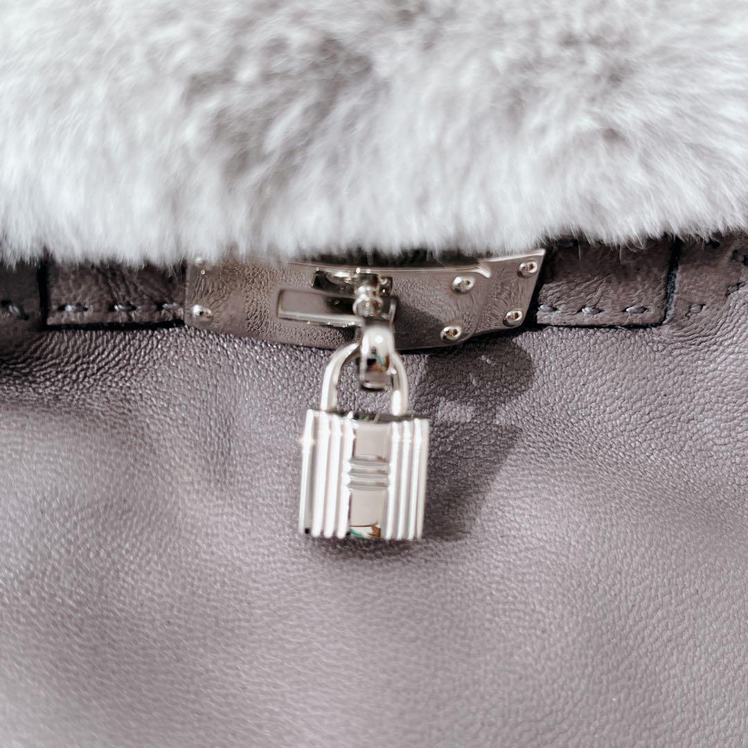 【 美品】HERMES レザー手袋 ミンクファー ケリー　グレー