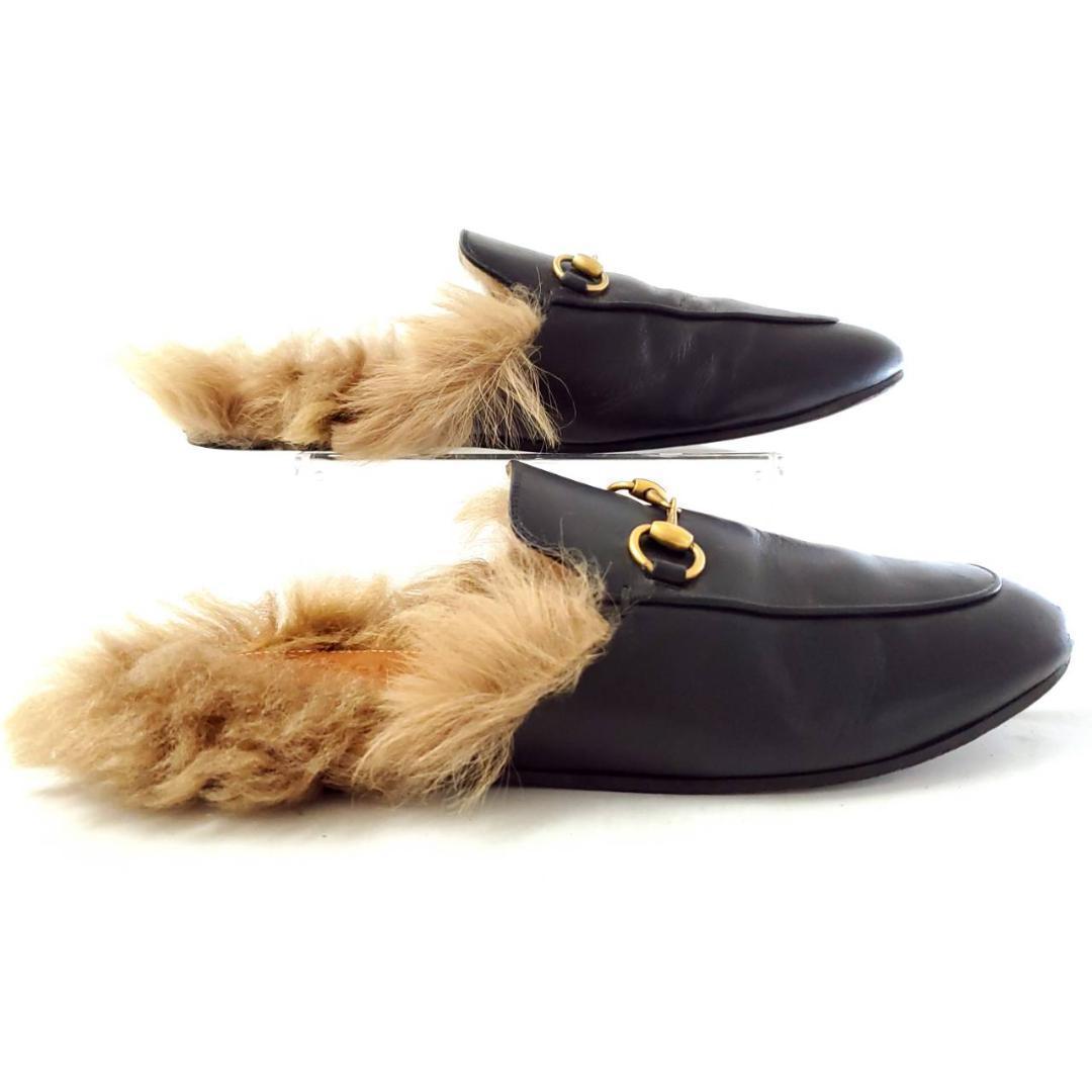 グッチ　ホースビット　ミュール　フラット　サンダル　ファー　本革　ブラック　23