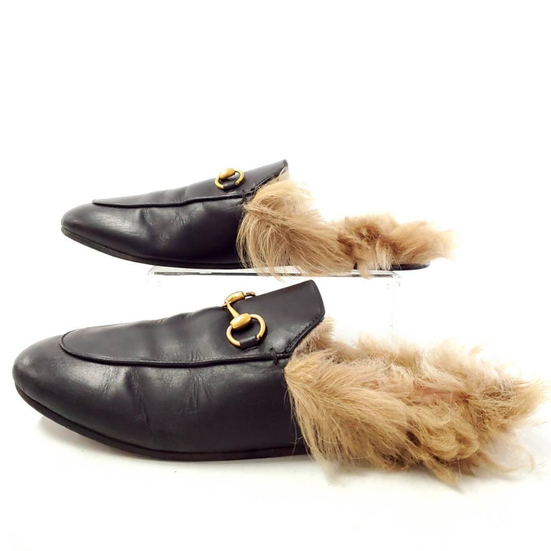 グッチ　ホースビット　ミュール　フラット　サンダル　ファー　本革　ブラック　23