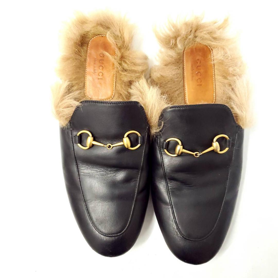 グッチ　ホースビット　ミュール　フラット　サンダル　ファー　本革　ブラック　23